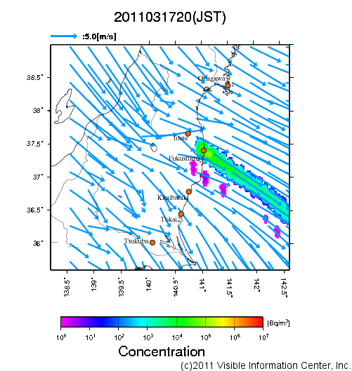 地表付近 大気中濃度分布[Bq/m3]　2011-03-17 20時