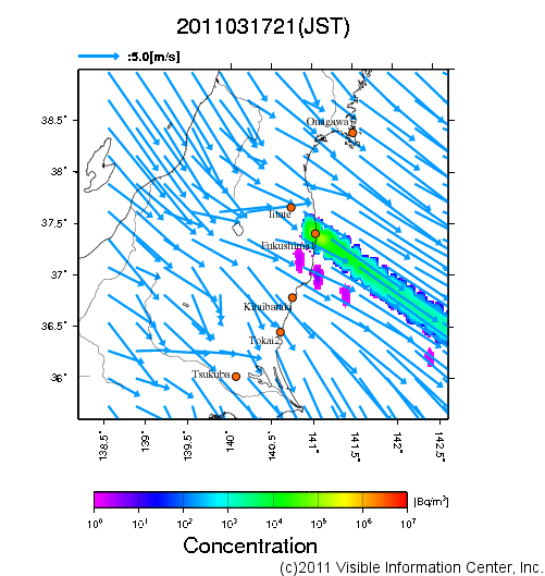 地表付近 大気中濃度分布[Bq/m3]　2011-03-17 21時