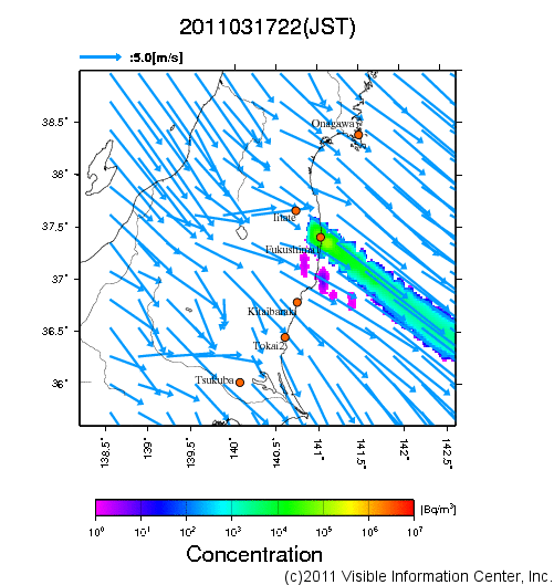 地表付近 大気中濃度分布[Bq/m3]　2011-03-17 22時