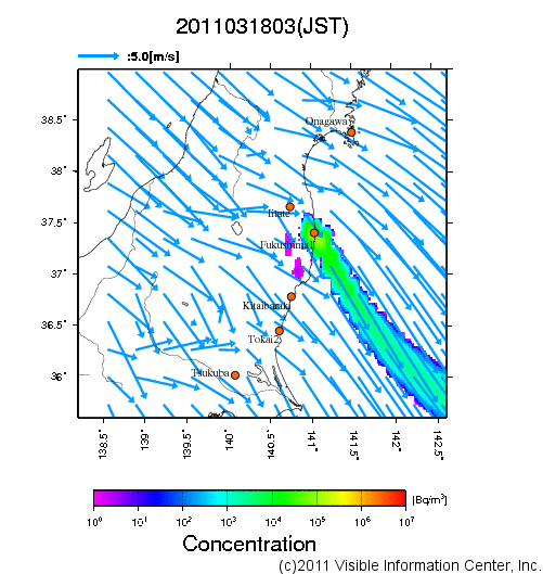 地表付近 大気中濃度分布[Bq/m3]　2011-03-18 03時