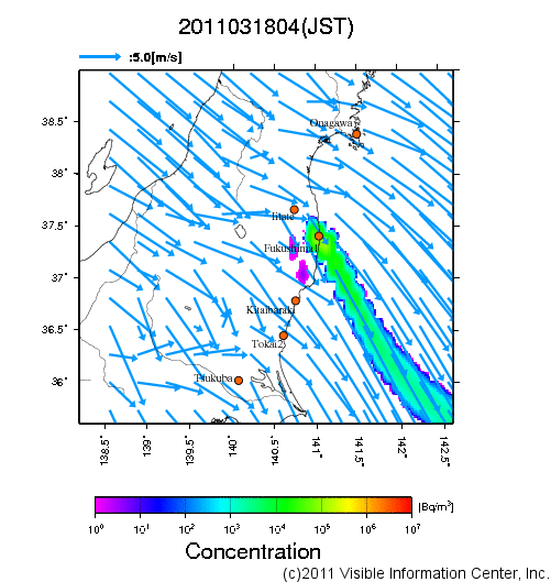 地表付近 大気中濃度分布[Bq/m3]　2011-03-18 04時