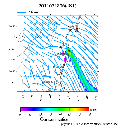 地表付近 大気中濃度分布[Bq/m3]　2011-03-18 05時