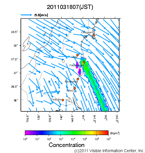 地表付近 大気中濃度分布[Bq/m3]　2011-03-18 07時