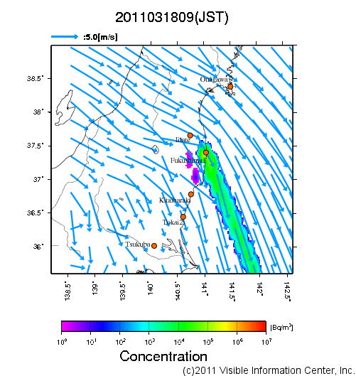 地表付近 大気中濃度分布[Bq/m3]　2011-03-18 09時