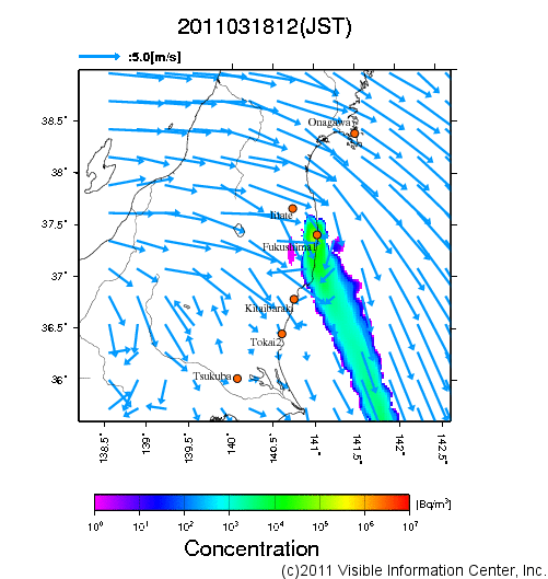 地表付近 大気中濃度分布[Bq/m3]　2011-03-18 12時