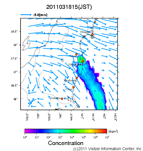 地表付近 大気中濃度分布[Bq/m3]　2011-03-18 15時
