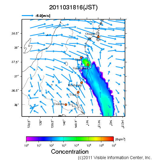 地表付近 大気中濃度分布[Bq/m3]　2011-03-18 16時