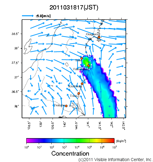 地表付近 大気中濃度分布[Bq/m3]　2011-03-18 17時