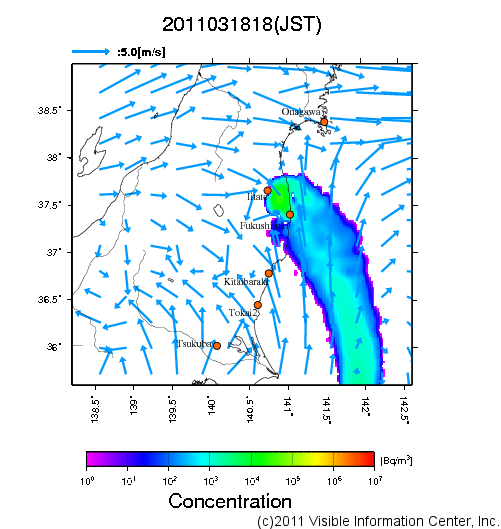 地表付近 大気中濃度分布[Bq/m3]　2011-03-18 18時