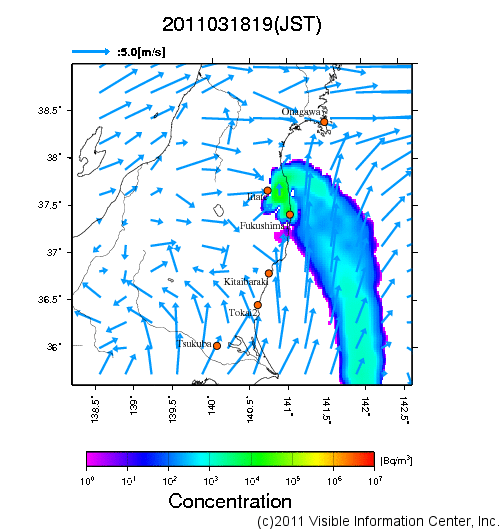 地表付近 大気中濃度分布[Bq/m3]　2011-03-18 19時