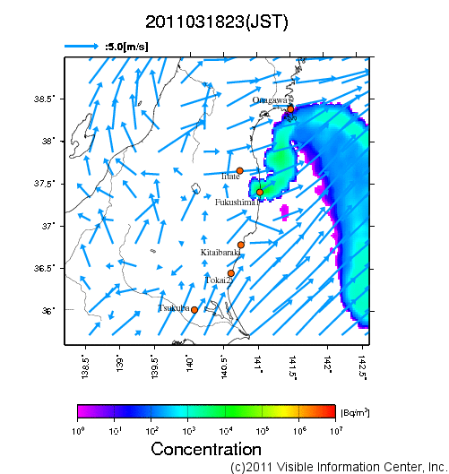 地表付近 大気中濃度分布[Bq/m3]　2011-03-18 23時