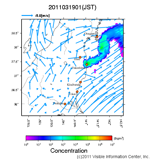 地表付近 大気中濃度分布[Bq/m3]　2011-03-19 01時