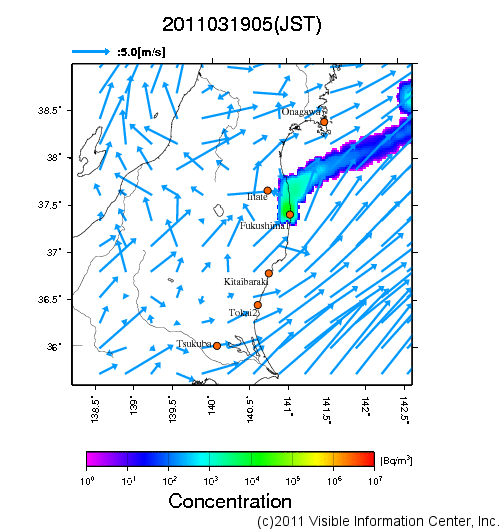 地表付近 大気中濃度分布[Bq/m3]　2011-03-19 05時