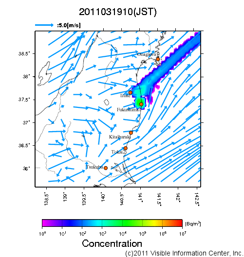 地表付近 大気中濃度分布[Bq/m3]　2011-03-19 10時