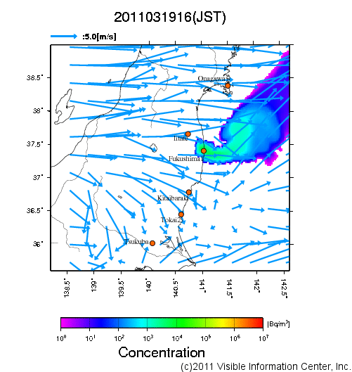 地表付近 大気中濃度分布[Bq/m3]　2011-03-19 16時