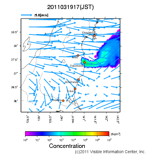 地表付近 大気中濃度分布[Bq/m3]　2011-03-19 17時