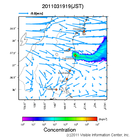 地表付近 大気中濃度分布[Bq/m3]　2011-03-19 19時