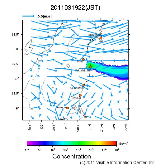 地表付近 大気中濃度分布[Bq/m3]　2011-03-19 22時