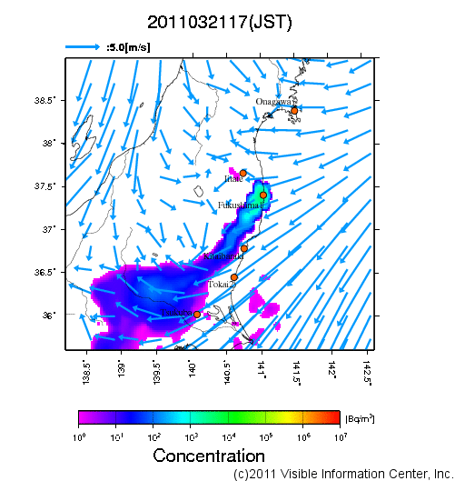 地表付近 大気中濃度分布[Bq/m3]　2011-03-21 17時