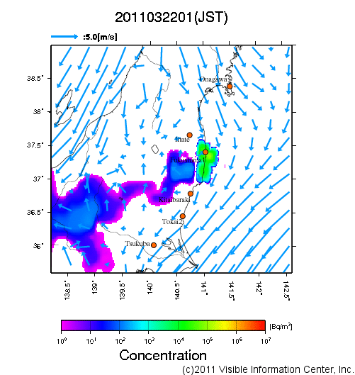 地表付近 大気中濃度分布[Bq/m3]　2011-03-22 01時