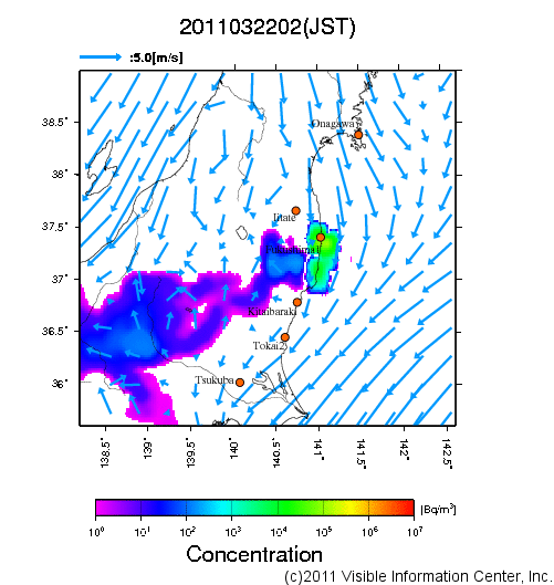 地表付近 大気中濃度分布[Bq/m3]　2011-03-22 02時