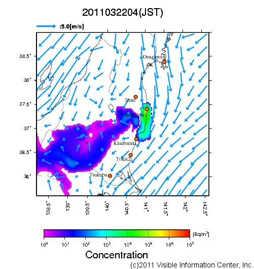 地表付近 大気中濃度分布[Bq/m3]　2011-03-22 04時