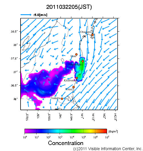 地表付近 大気中濃度分布[Bq/m3]　2011-03-22 05時