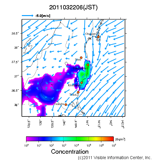 地表付近 大気中濃度分布[Bq/m3]　2011-03-22 06時