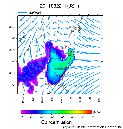地表付近 大気中濃度分布[Bq/m3]　2011-03-22 11時