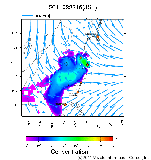 地表付近 大気中濃度分布[Bq/m3]　2011-03-22 15時