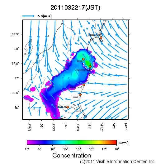 地表付近 大気中濃度分布[Bq/m3]　2011-03-22 17時