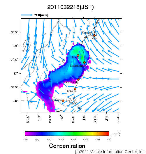 地表付近 大気中濃度分布[Bq/m3]　2011-03-22 18時