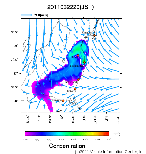 地表付近 大気中濃度分布[Bq/m3]　2011-03-22 20時