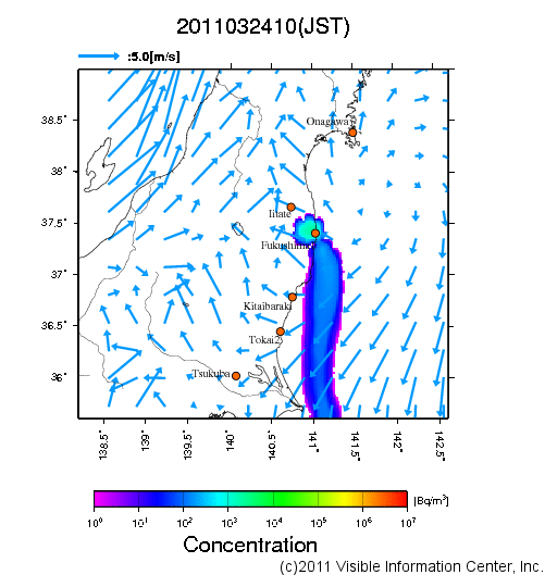 地表付近 大気中濃度分布[Bq/m3]　2011-03-24 10時