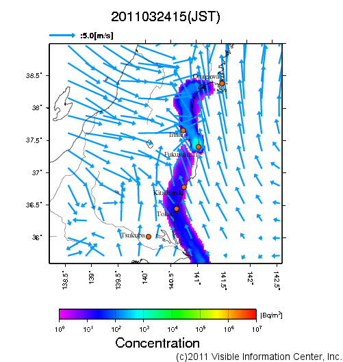 地表付近 大気中濃度分布[Bq/m3]　2011-03-24 15時