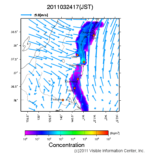 地表付近 大気中濃度分布[Bq/m3]　2011-03-24 17時