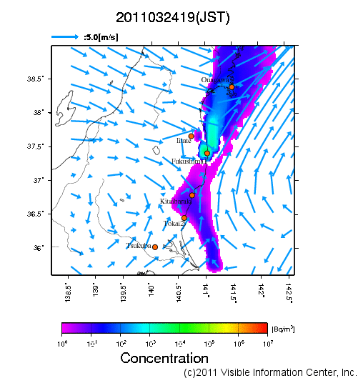 地表付近 大気中濃度分布[Bq/m3]　2011-03-24 19時