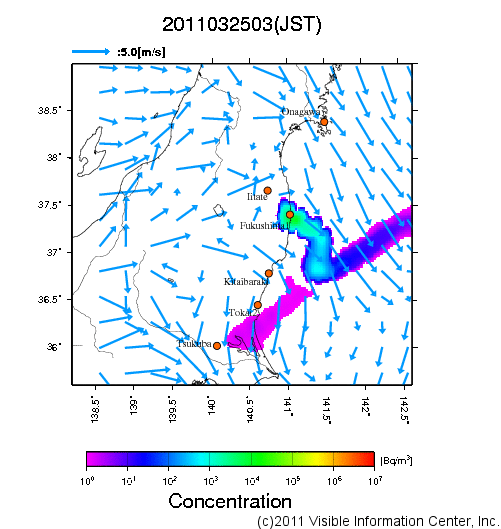 地表付近 大気中濃度分布[Bq/m3]　2011-03-25 03時