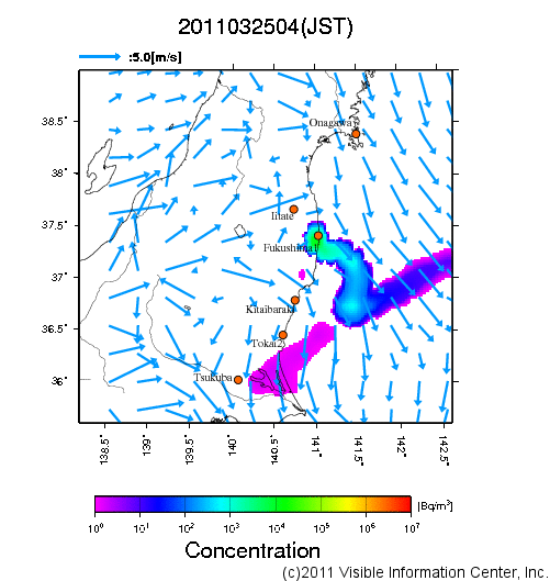 地表付近 大気中濃度分布[Bq/m3]　2011-03-25 04時