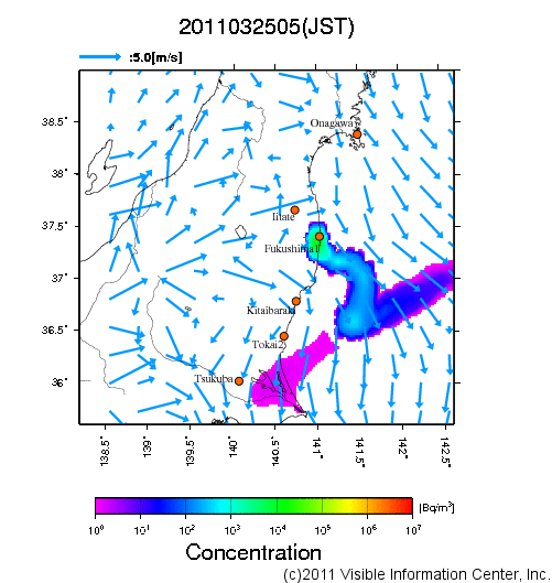 地表付近 大気中濃度分布[Bq/m3]　2011-03-25 05時