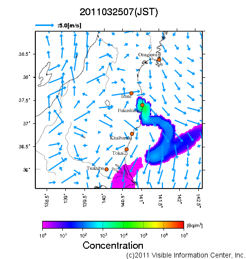 地表付近 大気中濃度分布[Bq/m3]　2011-03-25 07時