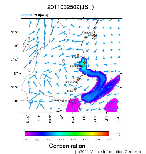 地表付近 大気中濃度分布[Bq/m3]　2011-03-25 09時