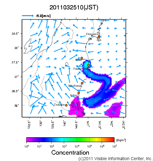 地表付近 大気中濃度分布[Bq/m3]　2011-03-25 10時