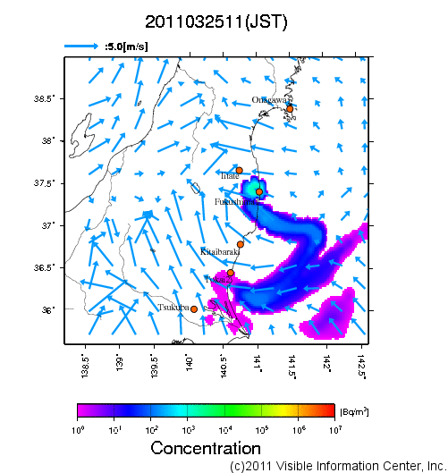 地表付近 大気中濃度分布[Bq/m3]　2011-03-25 11時