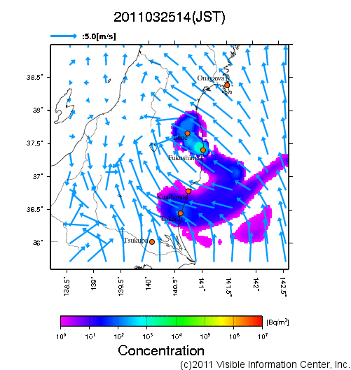 地表付近 大気中濃度分布[Bq/m3]　2011-03-25 14時