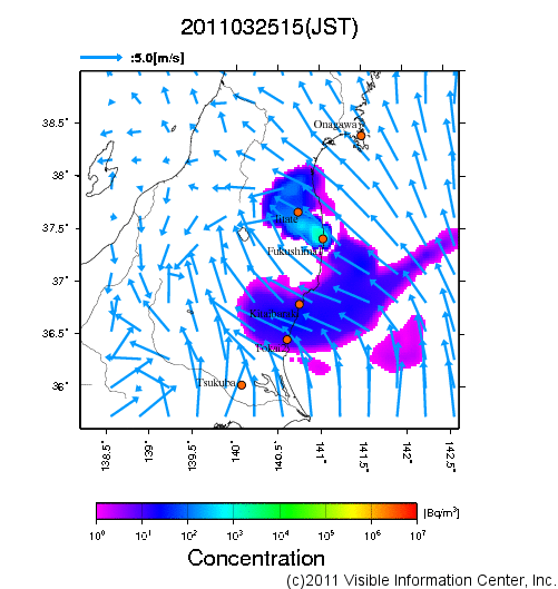 地表付近 大気中濃度分布[Bq/m3]　2011-03-25 15時