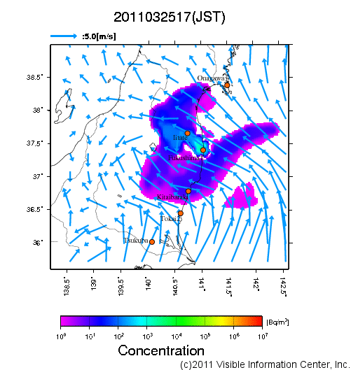 地表付近 大気中濃度分布[Bq/m3]　2011-03-25 17時