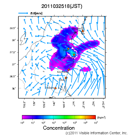 地表付近 大気中濃度分布[Bq/m3]　2011-03-25 18時