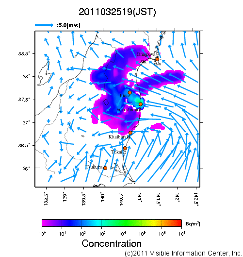 地表付近 大気中濃度分布[Bq/m3]　2011-03-25 19時