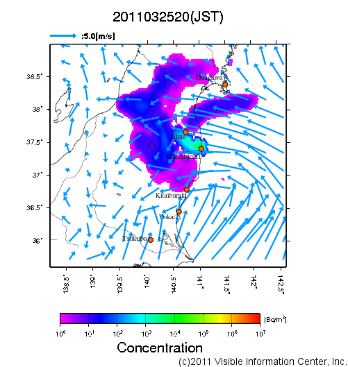 地表付近 大気中濃度分布[Bq/m3]　2011-03-25 20時
